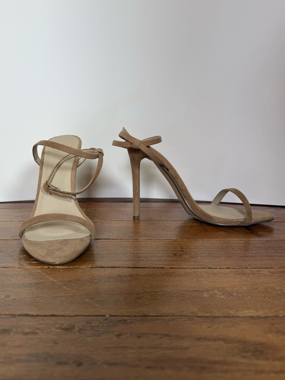 Nude suede ankle strap heeled sandals